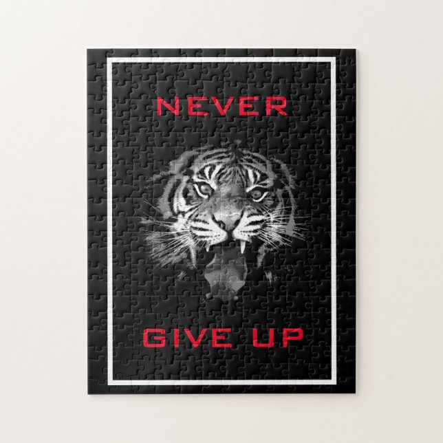 Black & White Tiger Never Give Up Motivational Jigsaw Puzzle (Vertical)