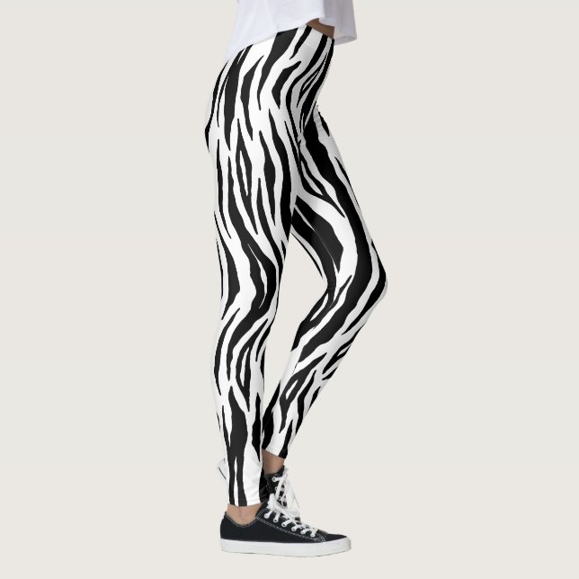 Black White Tiger Stripes Animal Print Pattern Leggings (Right)