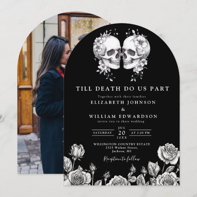 Black White Till Death Gothic Skulls Photo Wedding Invitation (Front/Back)