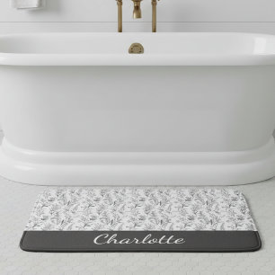 Black White Toile Floral Custom Name Bath Mat