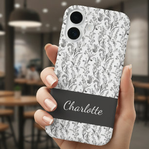 Black White Toile Floral Custom Name iPhone 16 Case
