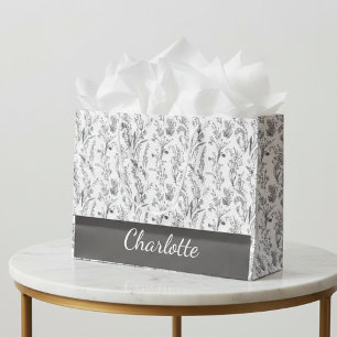 Black White Toile Floral Custom Name Large Gift Bag