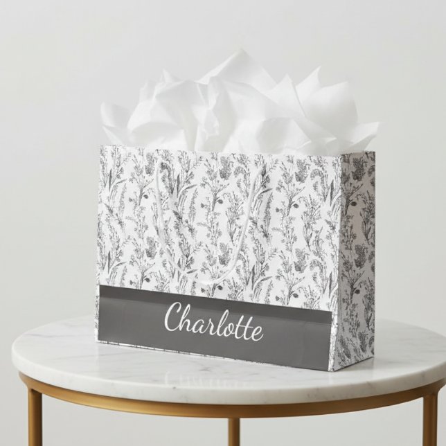 Black White Toile Floral Custom Name Large Gift Bag (black and white toile floral custom name gift bag with elegant chic pattern)