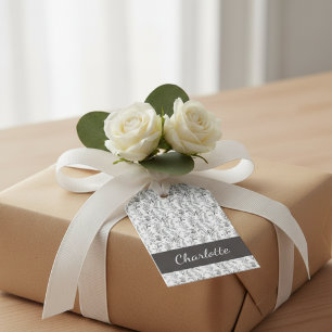 Black White Toile Floral Custom Name Monogram Gift Tags