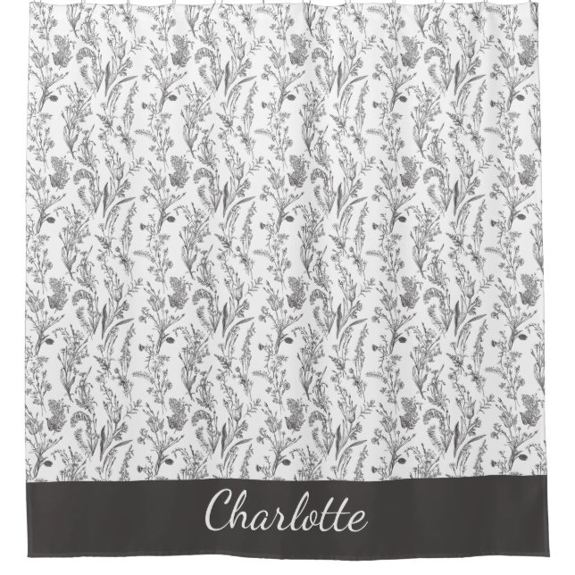 Black White Toile Floral Custom Name Shower Curtain (Front)
