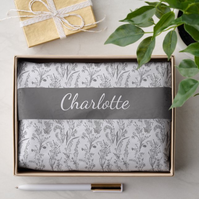 Black White Toile Floral Custom Name Tissue Paper (Gift)