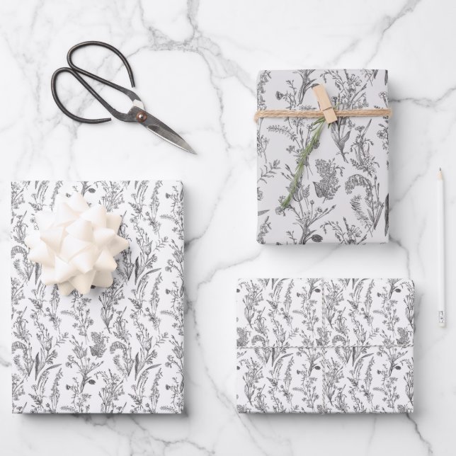 Black White Toile Floral Elegant Wrapping Paper Sheet (Front)