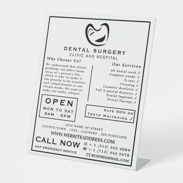Black & White Tooth Logo Dentistry, Dentist Advert Pedestal Sign (Front)
