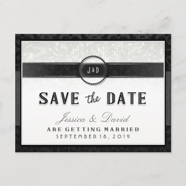 Black White & Touch of Gold Art Deco Save the Date Announcement Postcard (Front)