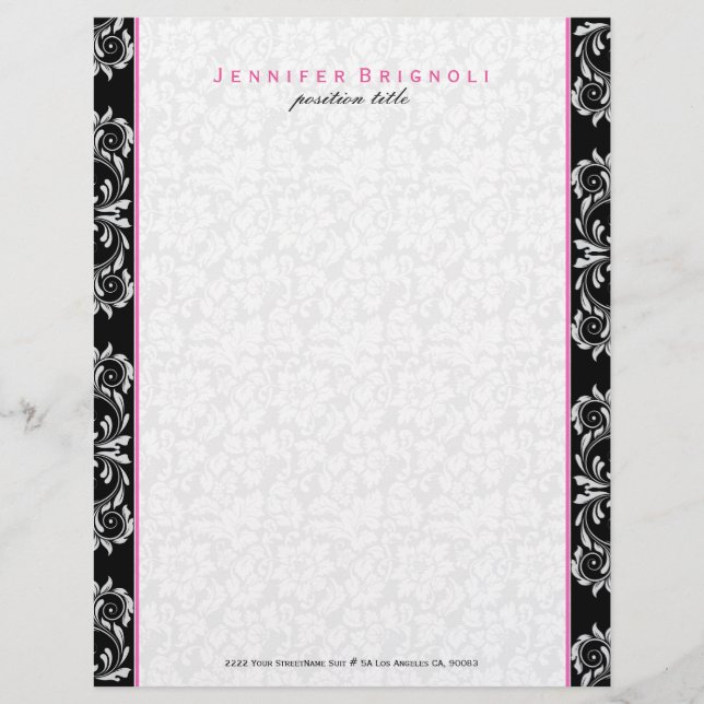 Black White Touch Of Pink Floral Damasks Letterhead Design (Front)