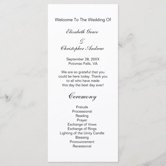 Black White Traditional Classic Wedding Program Menu (Front)