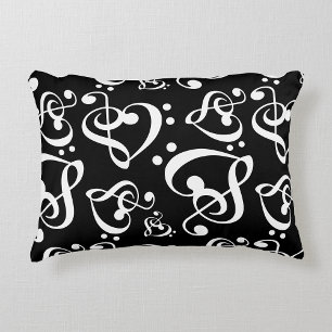 Black White Treble Clef Heart Music Notes Pattern Decorative Cushion