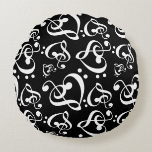 Black White Treble Clef Heart Music Notes Pattern Round Cushion