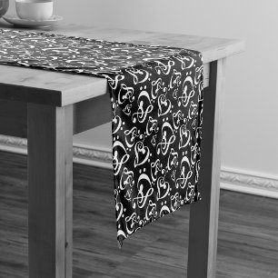 Black White Treble Clef Heart Music Notes Pattern Short Table Runner
