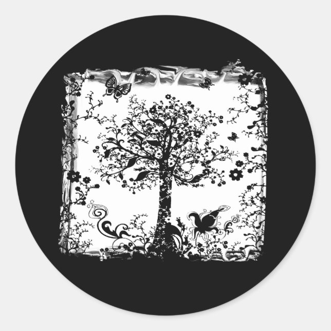 Black & White Tree Butterfly Silhouette Classic Round Sticker (Front)