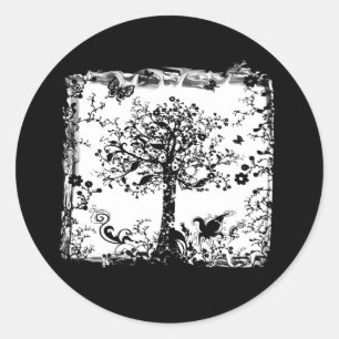 Black & White Tree Butterfly Silhouette Classic Round Sticker