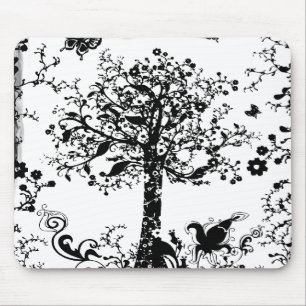 Black & White Tree Butterfly Silhouette Mouse Mat