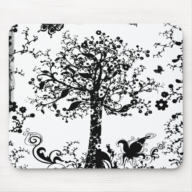 Black & White Tree Butterfly Silhouette Mouse Mat (Front)