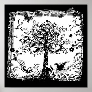 Black & White Tree Butterfly Silhouette Poster