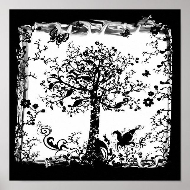 Black & White Tree Butterfly Silhouette Poster (Front)
