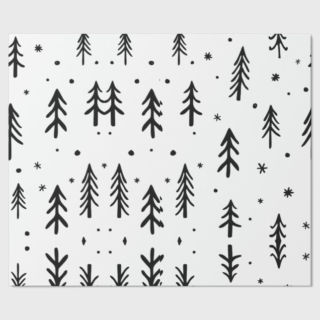 Black  White Tree  illustrative Merry Christmas Wrapping Paper (Seam)