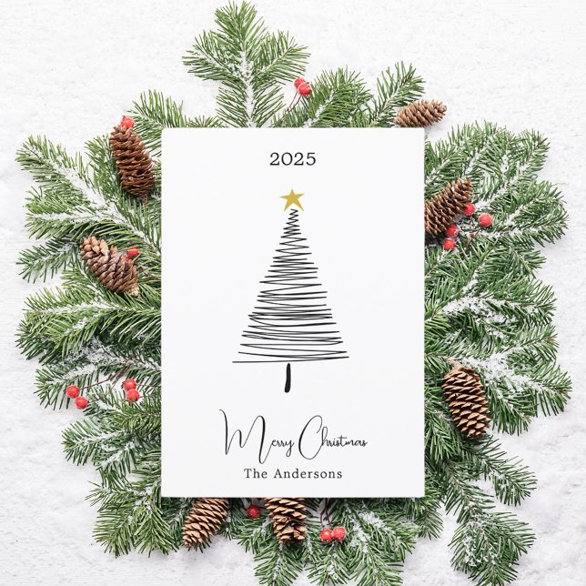 Black white tree simple boho Christmas Holiday Card (Creator Uploaded)