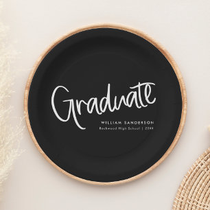 Black & White Trendy Casual Script Graduation Paper Plate