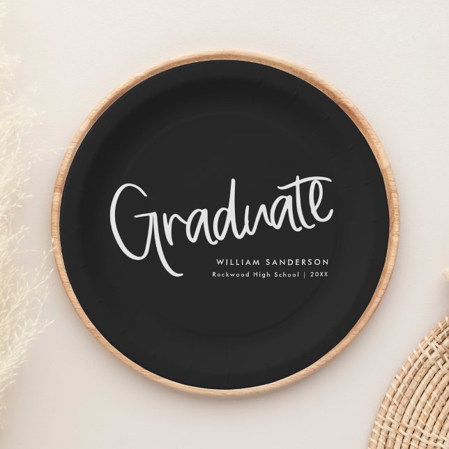 Black & White Trendy Casual Script Graduation Paper Plate (Creator Uploaded)