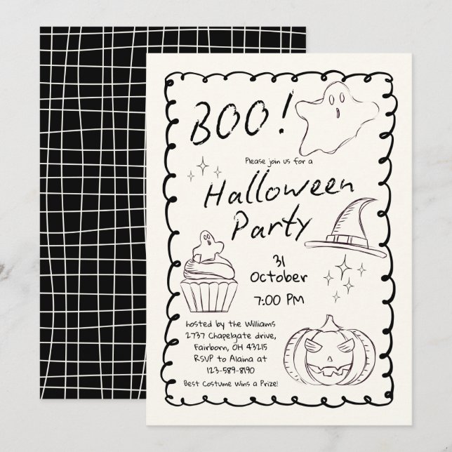 Black & White Trendy Hand Drawn Halloween Party   Invitation (Front/Back)