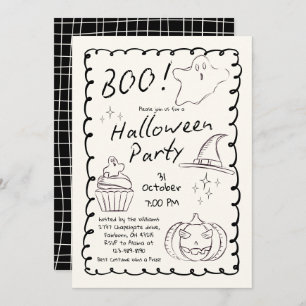 Black & White Trendy Hand Drawn Halloween Party   Invitation