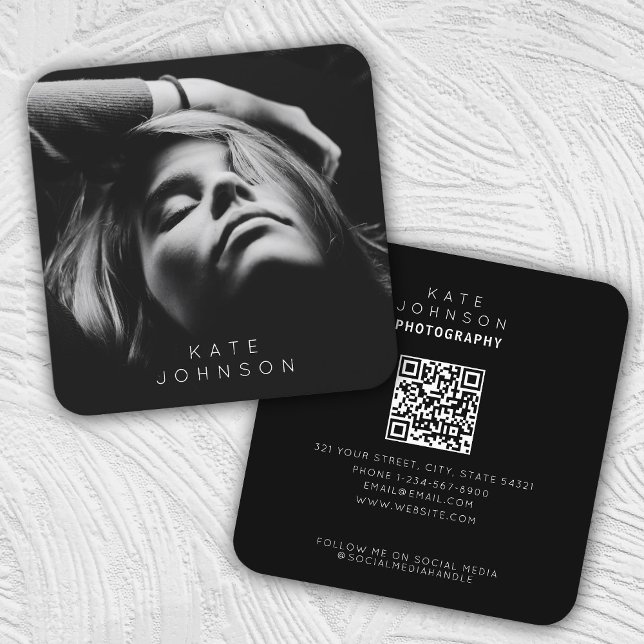 Black & White Trendy Stylish Full Photo QR Code Square Business Card (Creator Uploaded)