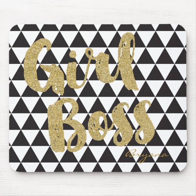 Black & White Triangles GIRL BOSS Faux Gold Office Mouse Mat (Front)