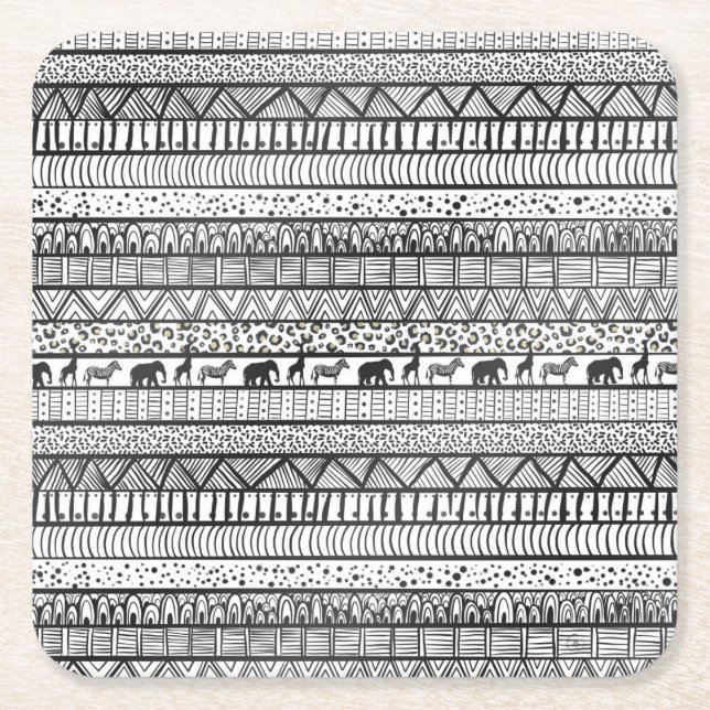 Black White Tribal African Pattern Square Paper Coaster (Front)
