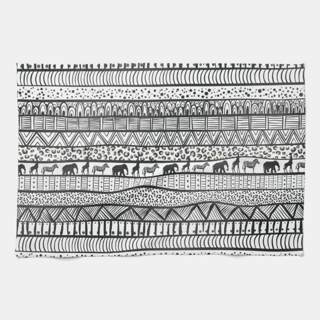Black White Tribal African Pattern Tea Towel (Horizontal)