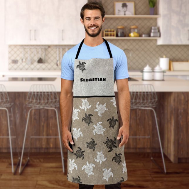 Black White Tribal Art Turtle Pattern Custom Name  Apron (Creator Uploaded)