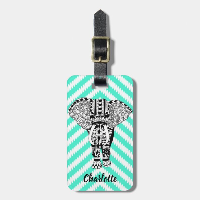 Black & White Tribal Bohemian Elephant & Chevrons Luggage Tag (Front Vertical)