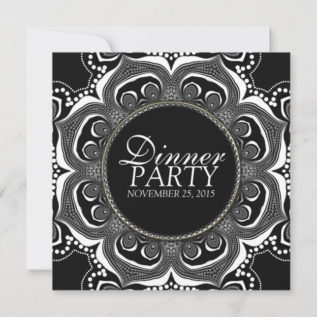 Black & White Tribal Flower Dinner Party Custom Invitation (Front)