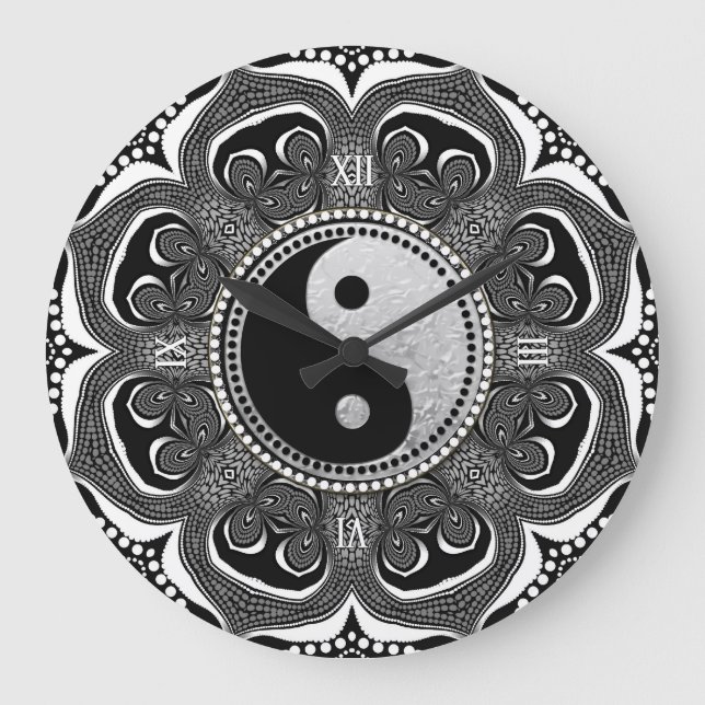 Black+White Tribal Flower New Age Symbol Large Clock (Front)