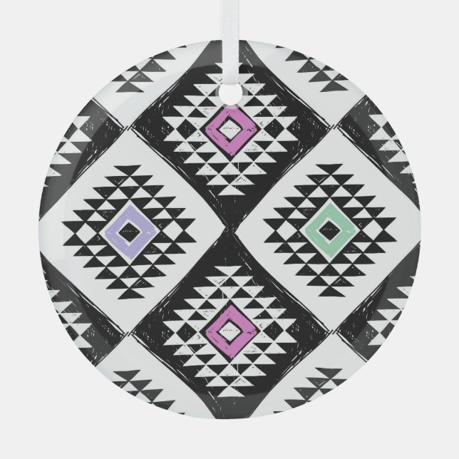 Black White Tribal Navajo Pattern Glass Tree Decoration (Front)