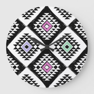 Black White Tribal Navajo Pattern Large Clock