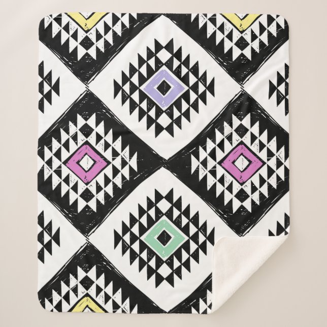 Black White Tribal Navajo Pattern Sherpa Blanket (Front)