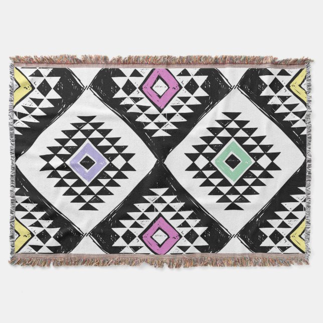 Black White Tribal Navajo Pattern Throw Blanket (Front)