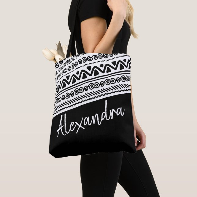 Black White Tribal Pattern Personalised Tote Bag (Close Up)
