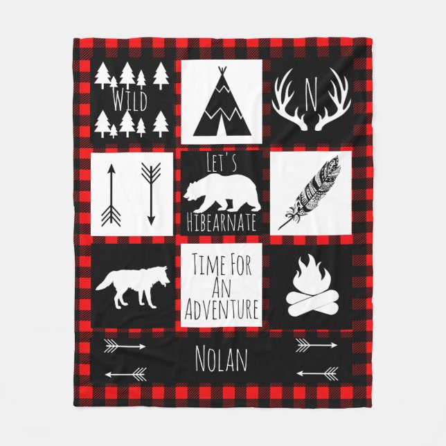 Black & White Tribal Wild Woodlands Red Plaid Fleece Blanket (Front)