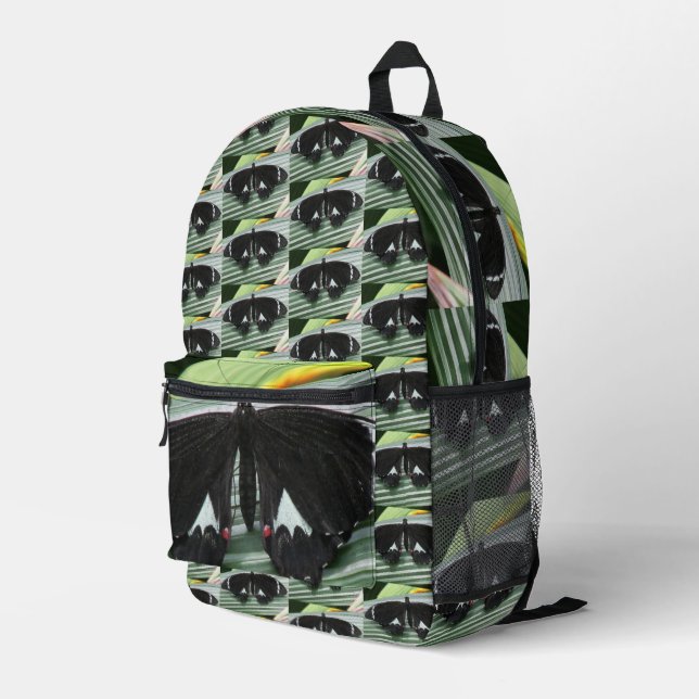 Black & White Tropical Butterfly Printed Backpack (Back Corner Right)