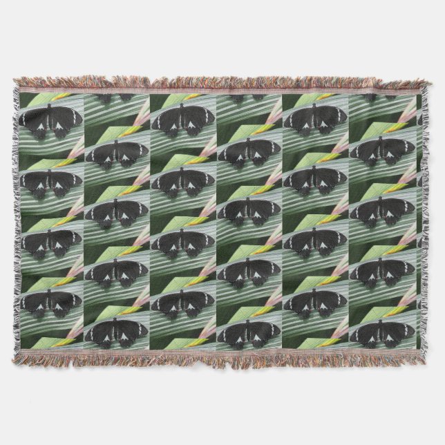 Black & White Tropical Butterfly Throw Blanket (Front)