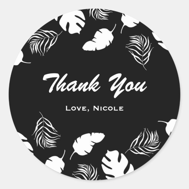 Black & White Tropical Leaves Elegant Chic Party Classic Round Sticker (Front)