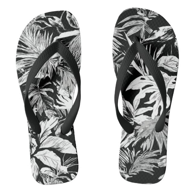 Black & White Tropical Leaves Flip Flops for beach (Footbed)