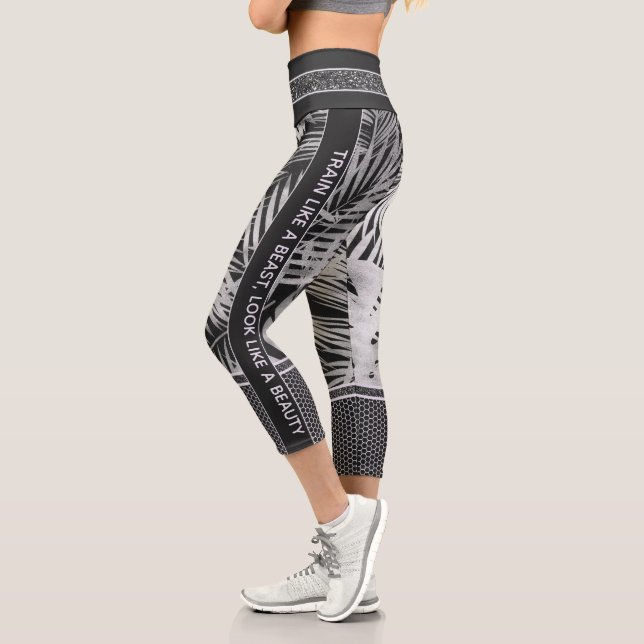 Black & white tropical leaves glitter stylish capri leggings (Left)