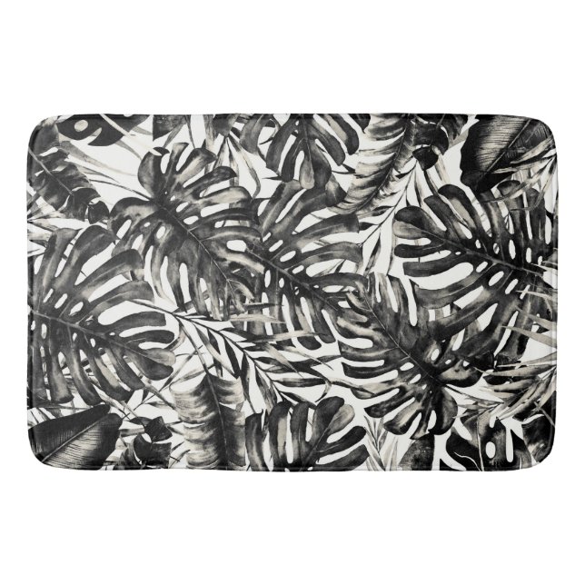Black & White Tropical Palm Leaves Island Chic Bath Mat (Front)
